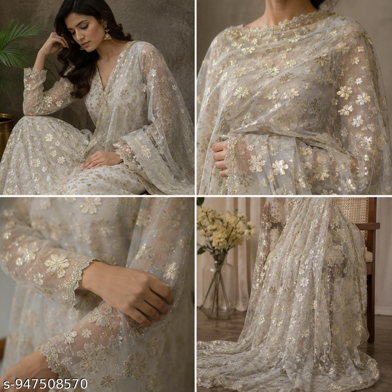 Premium Dyeable Viscose Georgette Fabric with Elegant Golden Lurex Work for Saree, Gown, Lehenga & Designer Party Wear Outfits