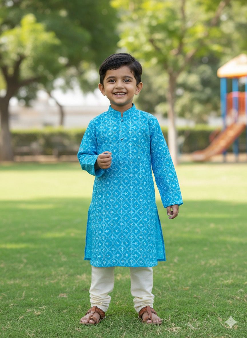 Bright blue embroidered kurta fabric next to a child in a coordinated kurta-pajama set, suitable for kids festive fashion, ethnic outfits, and special occasion dressing