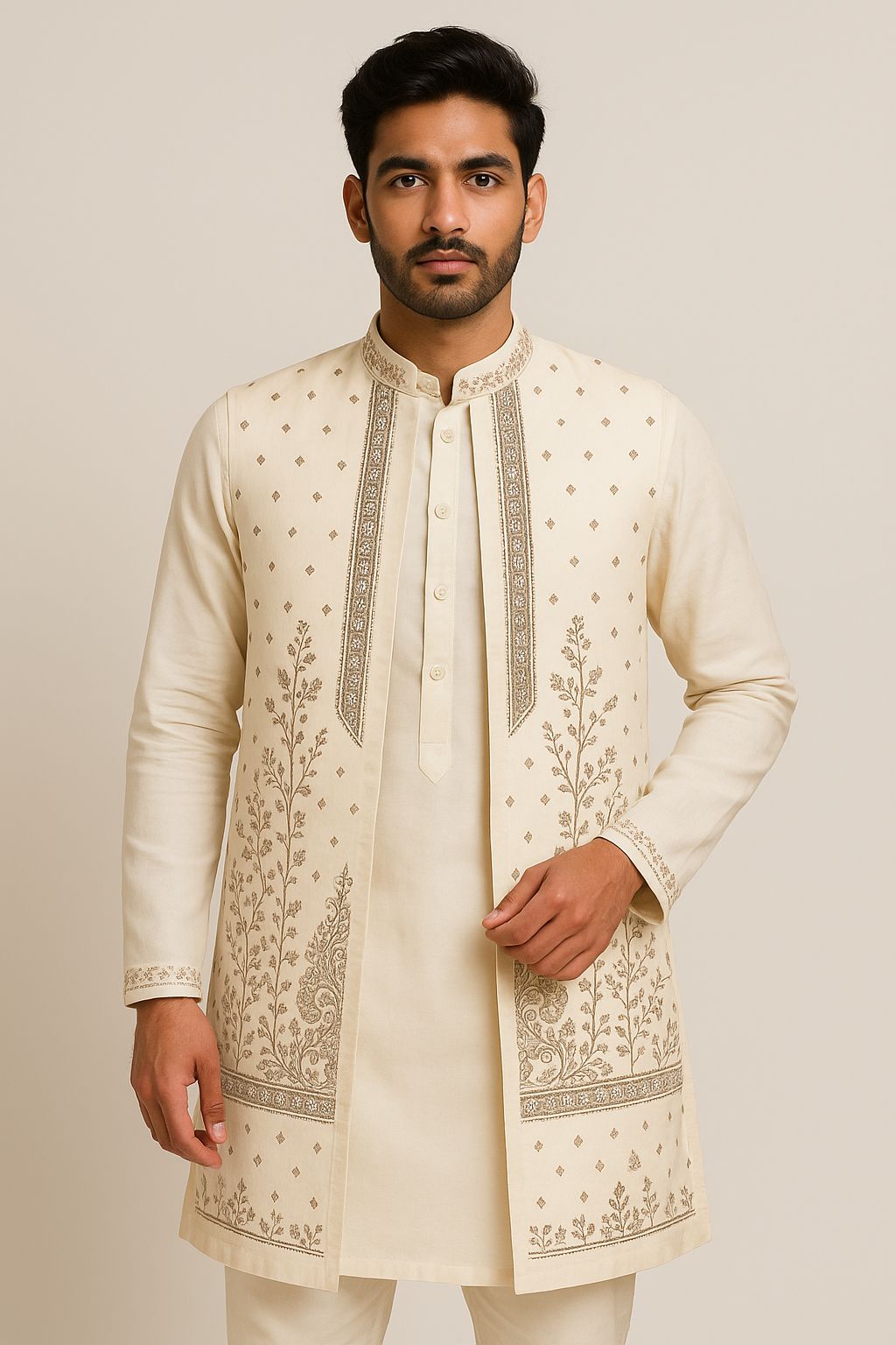 Men's ethnic kurta fabric in cream color. Showcases an intricate center panel and embroidered geometric neckline.
