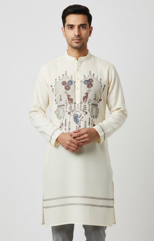 Men’s off-white embroidered kurta pajama with floral and deer motif, perfect for festive and wedding wear.