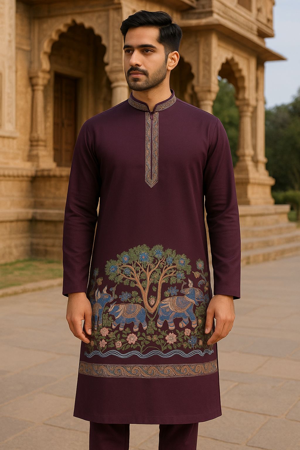Designer maroon fabric with intricate nature-themed embroidery. The lower panel displays rich Kashmiri or traditional craft work.