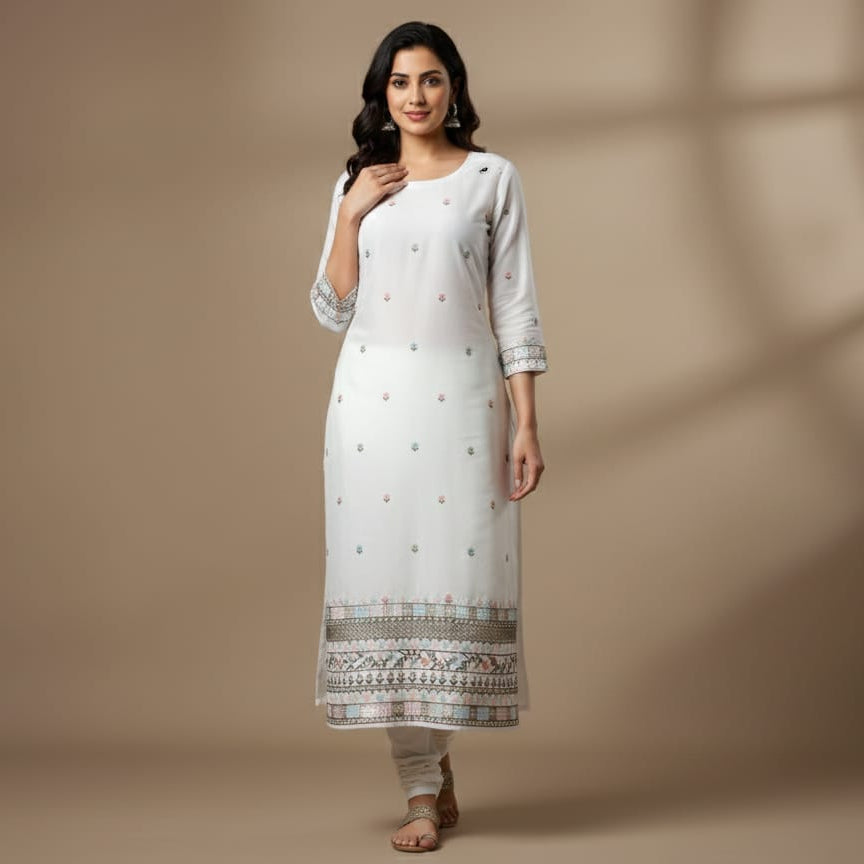 Designer malai satin dress material for women featuring heavy embroidery, floral daman border and butti work, premium white fabric