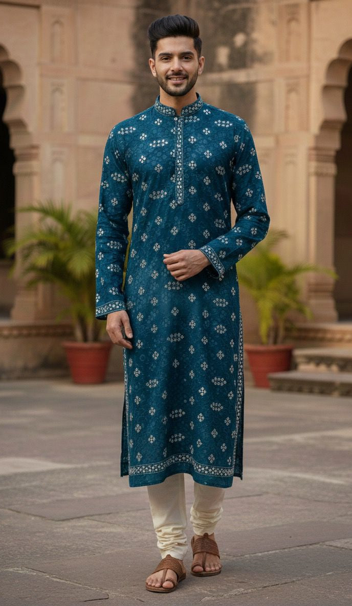 Designer Roman Silk Fabric in Teal with All-Over Mirror Embroidery Pattern.