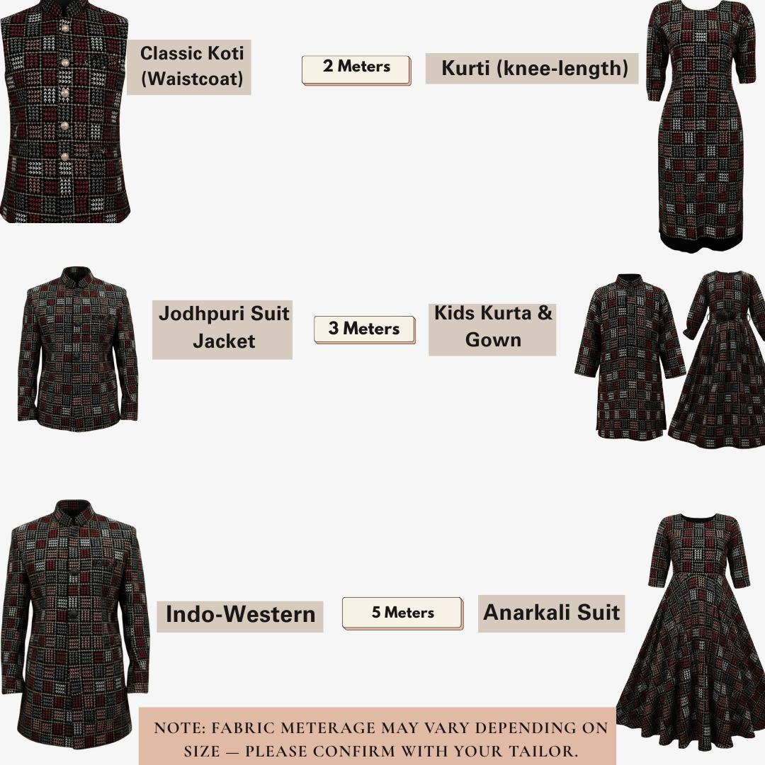 Luxury black velvet fabric with heavy multicolor thread embroidery and geometric arrow patterns, perfect for bridal outfits, sarees, suits and festive winter collections.