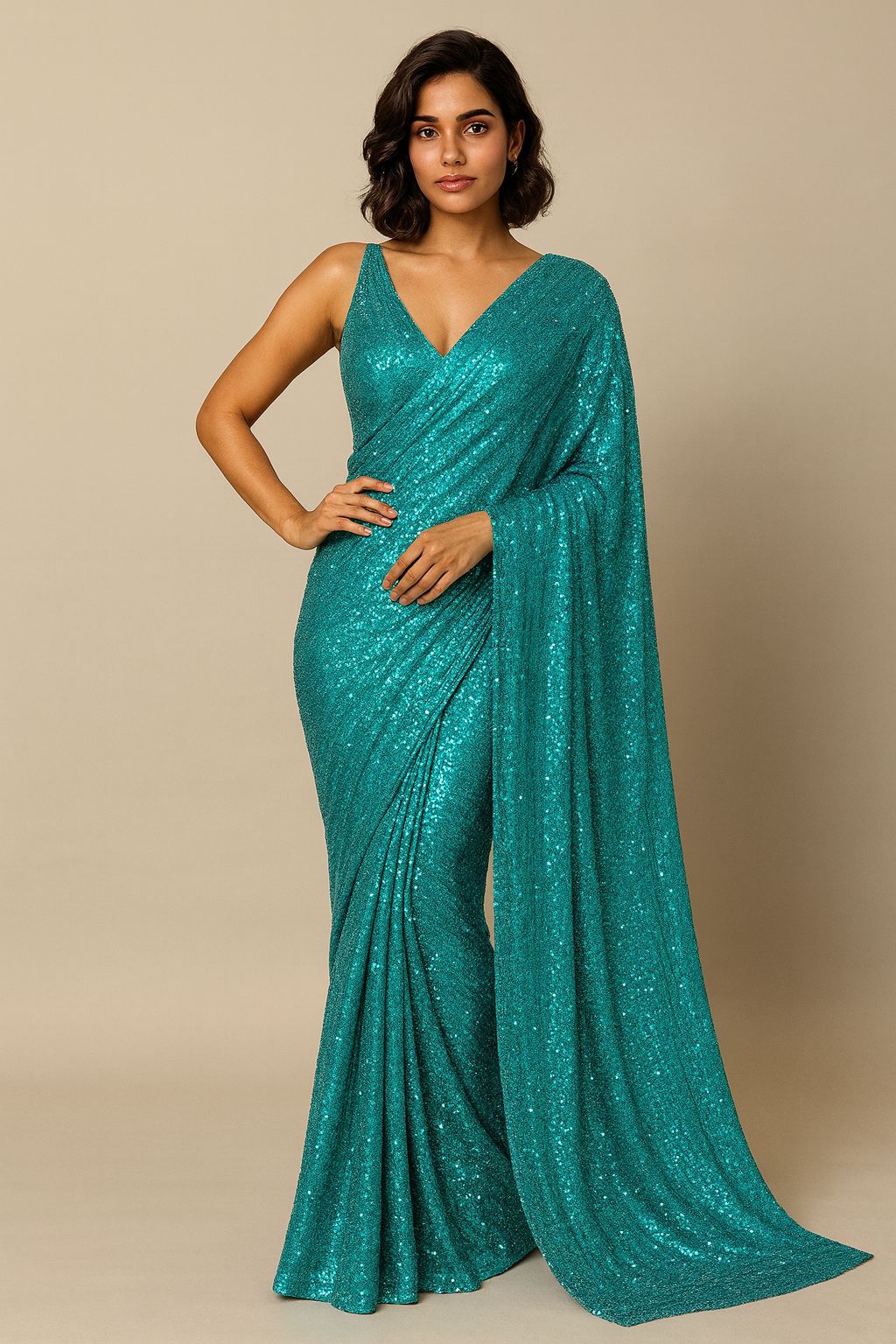 Luxurious Emerald Green Zara Sequin Lycra Net Fabric (60-inch width) with all-over shimmer, perfect for glamorous dresses, gowns, and party wear.