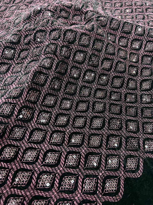 Premium black velvet fabric featuring rich wine color metallic embroidery and sequins, ideal for bridal sherwani, waistcoat, gowns and luxury winter wear.
