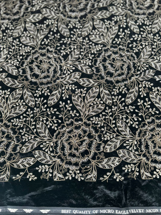 New design embroidered velvet material for Indian ethnic wear like lehenga, salwar kameez, or saree borders.