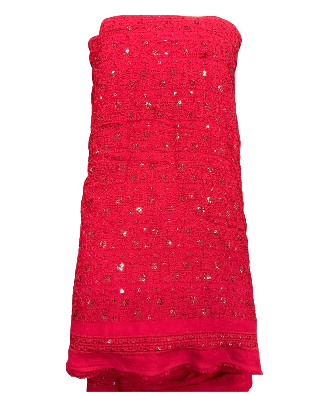"Pink mirror-work embroidery fabric displayed with a child model wearing a matching traditional kurta."