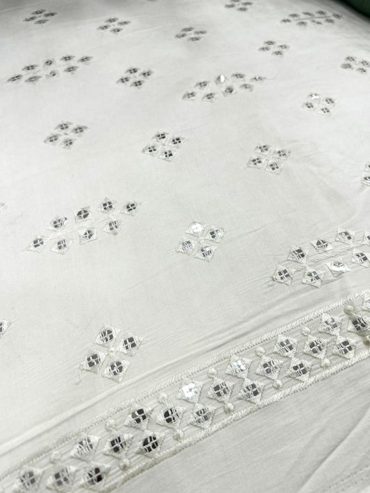 Premium White Roman Silk Mirror Work Fabric for Festive Kurta Outfit.