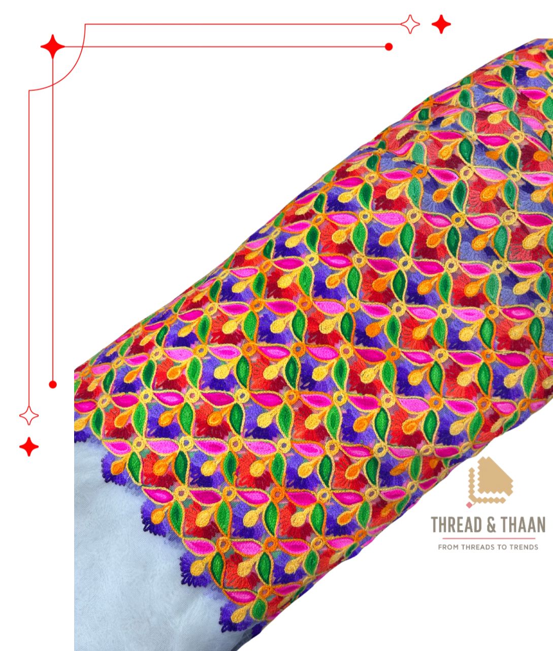 Multicolor brocade silk fabric with floral vine motifs for ethnic wear.