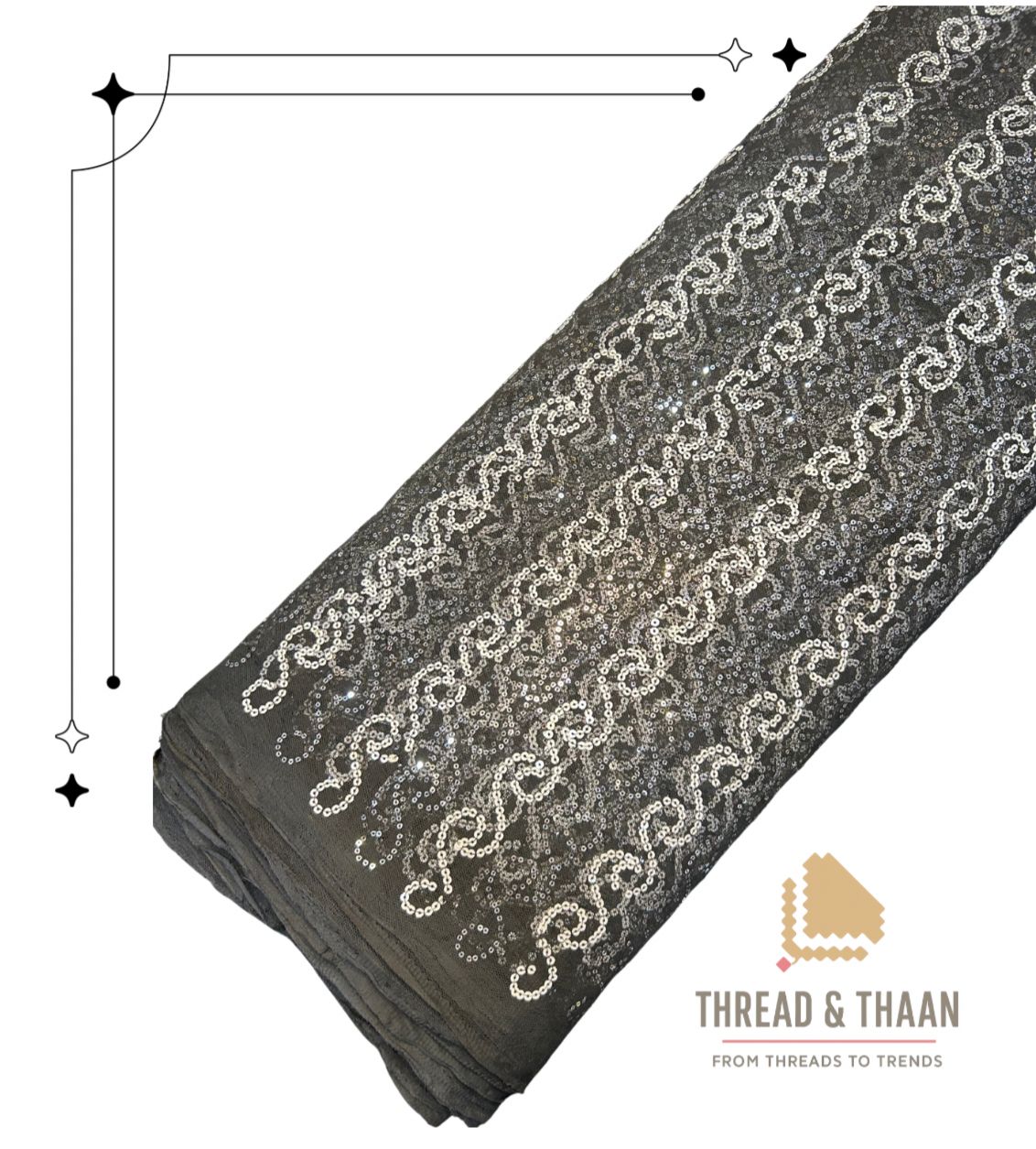 Premium black net fabric with dazzling white sequin floral embroidery, perfect for elegant sarees, lehengas, gowns, and custom festive wear.