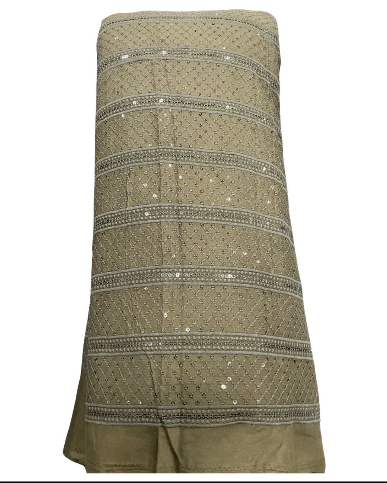 Premium olive grey geometric mirror-work fabric alongside boys kurta — ideal for ethnic fashion, weddings, festive collections, and kids traditional wear.