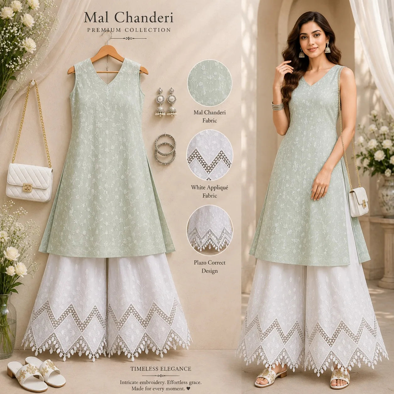 Pastel green Mal Chanderi embroidered kurti fabric with white cotton applique palazzo fabric, premium ethnic dress material combo for kurti, salwar suit, festive wear and designer outfit stitching.