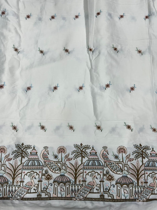 Women’s malai satin fabric with peacock border embroidery and butti work, ideal for suit, kurti and ethnic wear