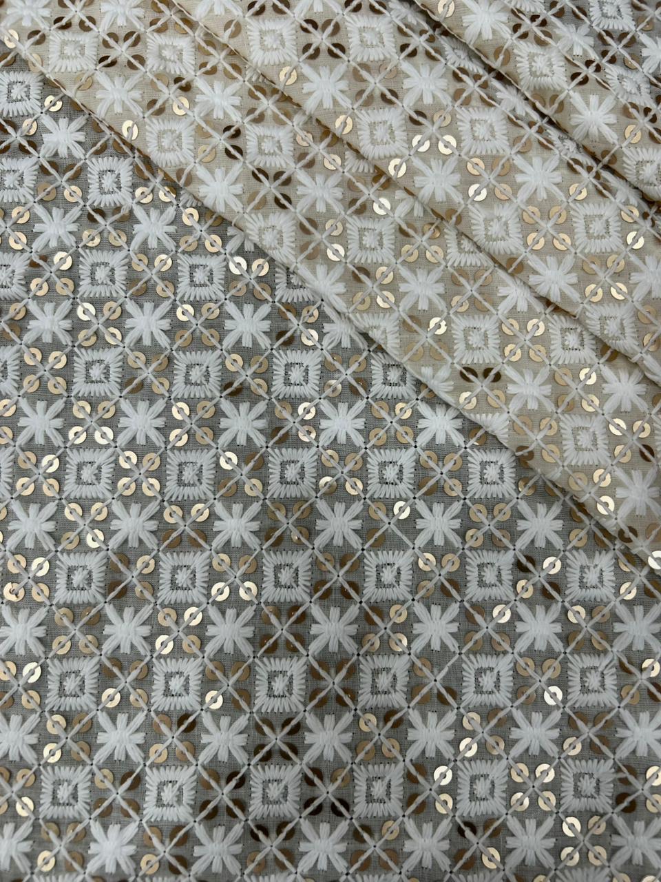 Close-up of a patterned fabric with geometric design and sequins.