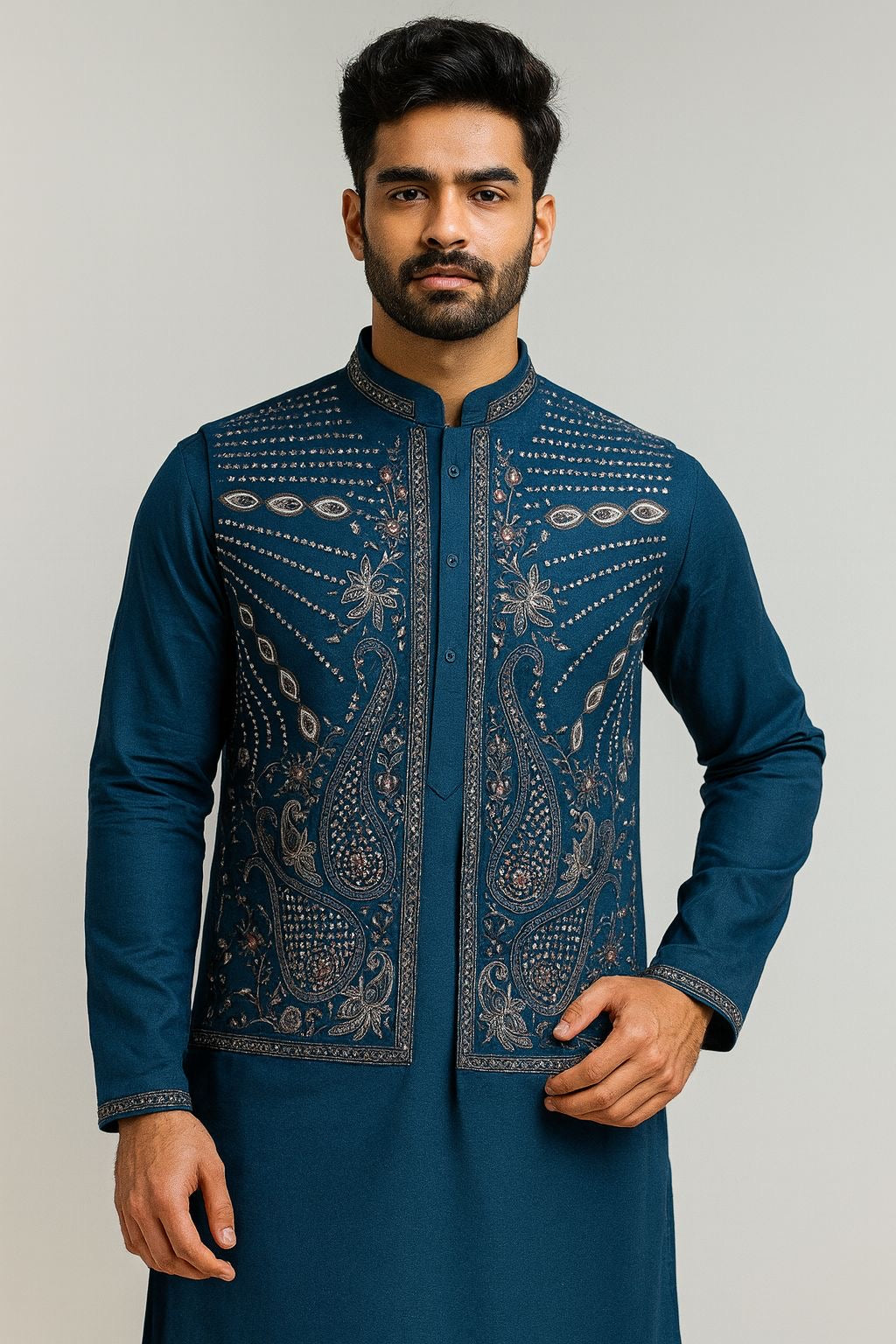 Designer unstitched textile in a deep jewel tone with heavy yoke and border embroidery. Perfect for Wedding Special or Festive Special garment creation.