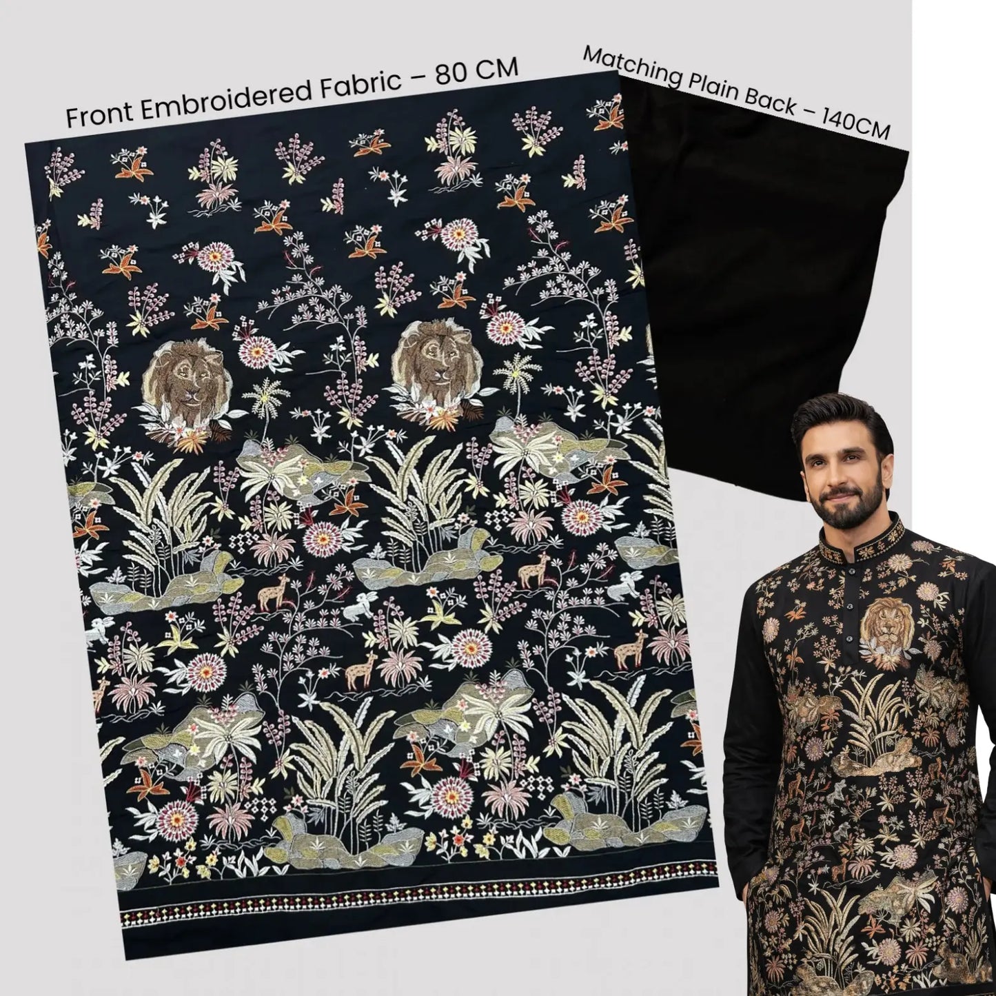 Black roman silk unstitched kurta fabric with lion wildlife embroidery, 80cm embroidered front and 140cm plain back, wedding and festive wear.