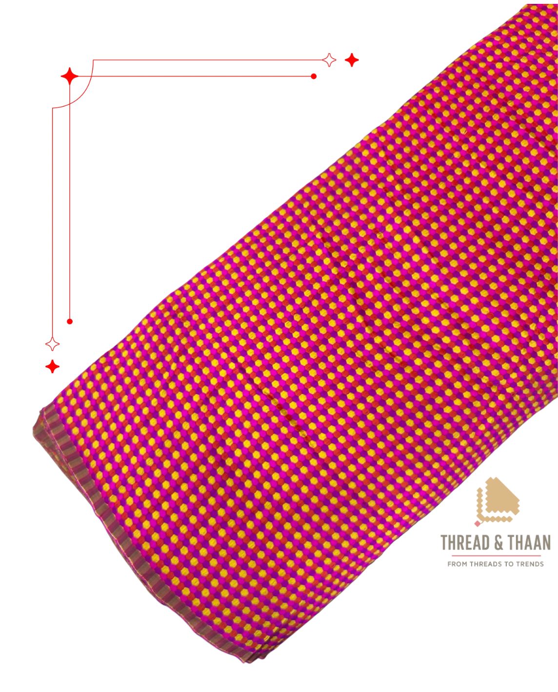 Vibrant pink silk brocade fabric featuring yellow dot motifs for sarees and blouses.