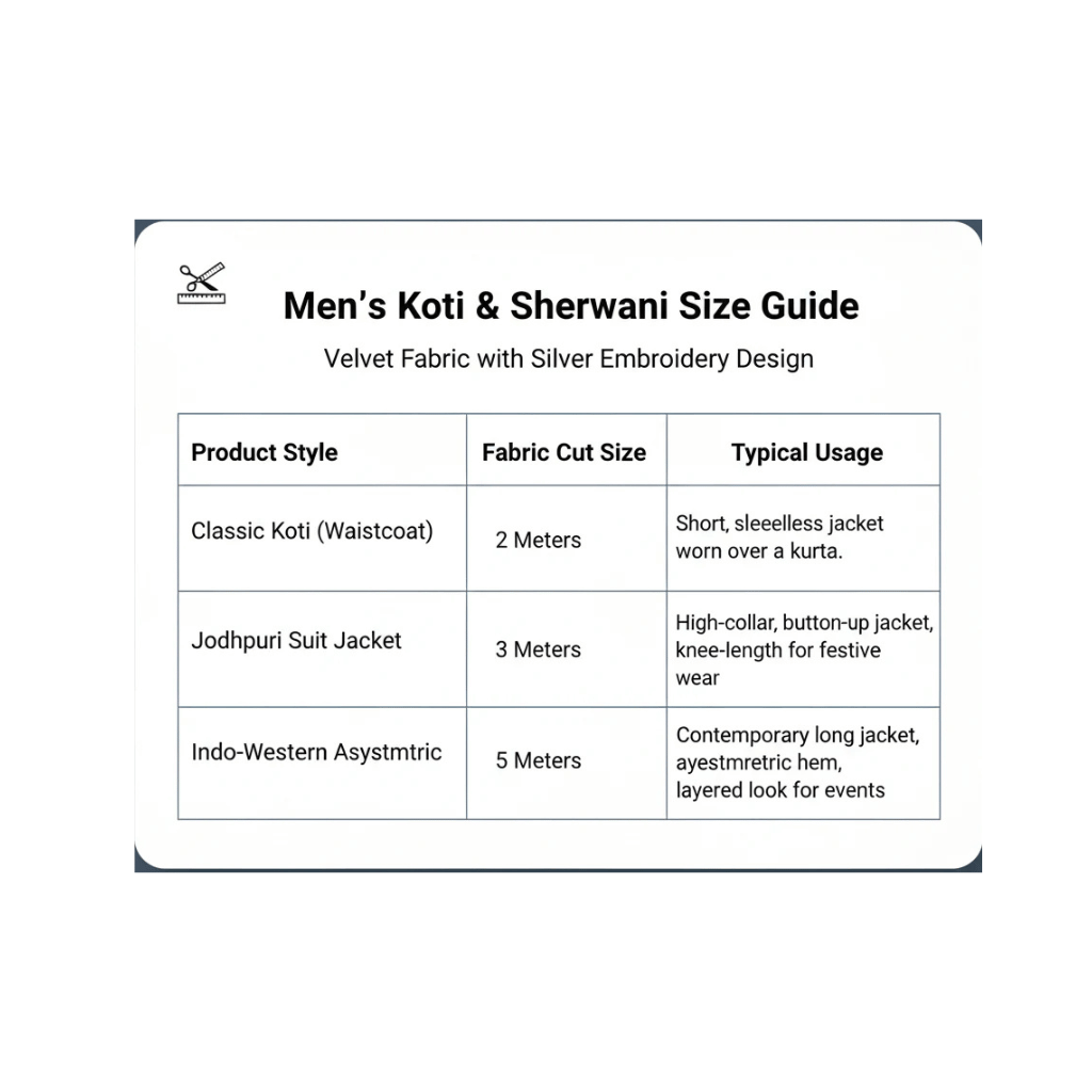 Men's Koti and Sherwani size guide chart, showing fabric cut size and typical usage for Classic Koti, Jodhpuri Suit Jacket, and Indo-Western Asymmetric styles.