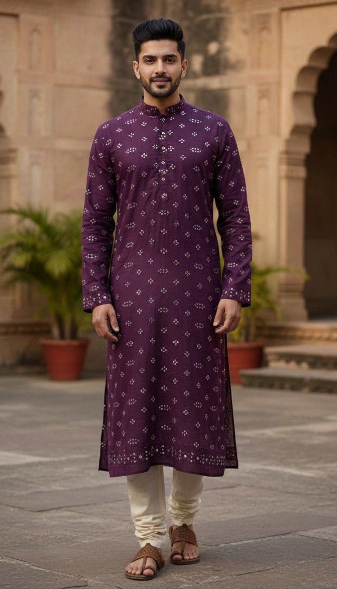 Premium Purple Roman Silk with All-Over Mirror Work Pattern for Tailored Kurta.