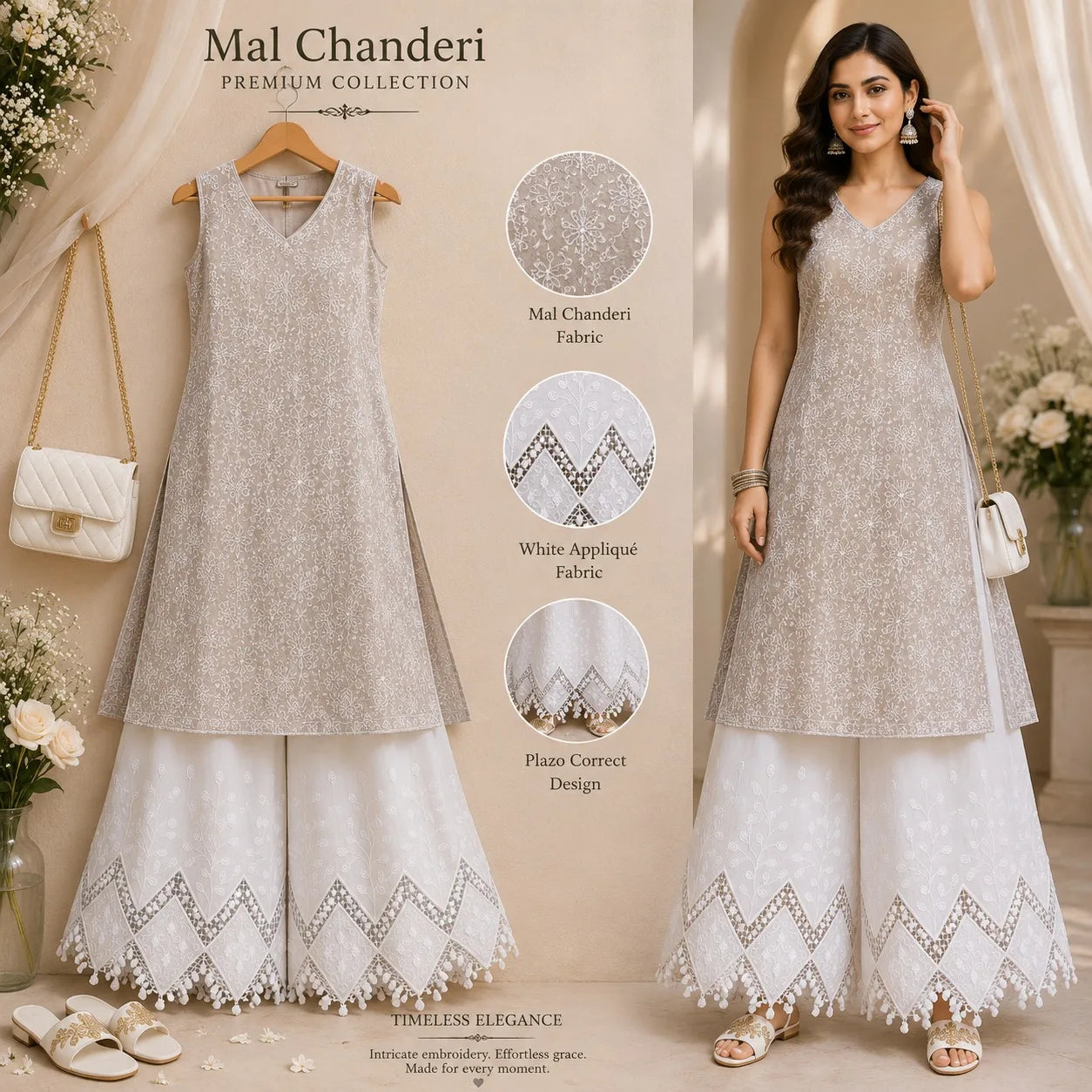Taupe Mal Chanderi embroidered kurti fabric with white floral embroidery and white cotton applique palazzo fabric combo for ethnic suits, kurti and salwar set making.
