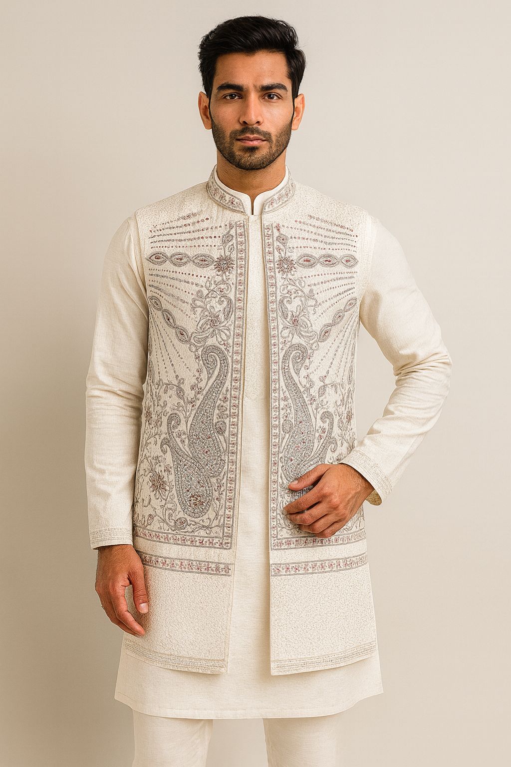 Designer unstitched textile with heavy yoke and border embroidery. Perfect for Festive Special or Wedding Special garment creation.