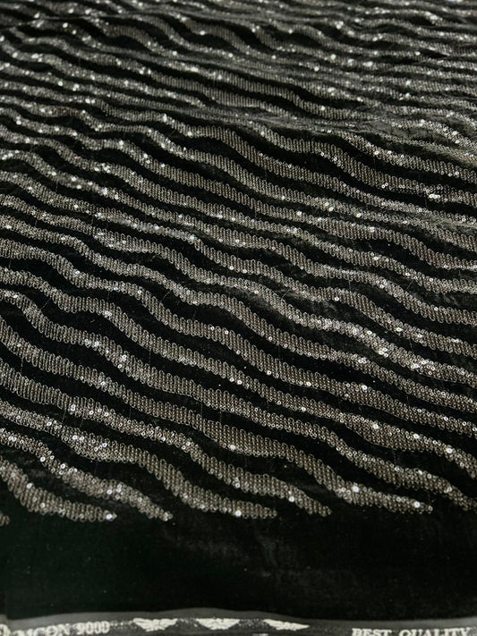 Luxury velvet material featuring silver wave texture for festive and partywear outfits.