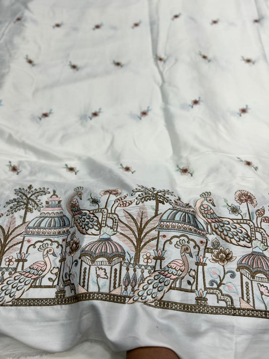 Designer Malai Satin Women’s Suit Fabric with Heavy Embroidery, Peacock Border & Butti Work | White Color | 55 Width | Work 49
