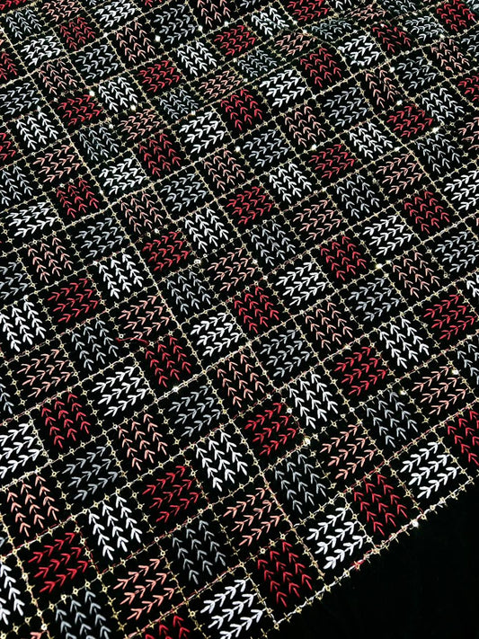 Premium Velvet Embroidered Fabric – Black Base with Red, White & Peach Geometric Arrow Stitch Design | Heavy Velvet for Winter Wear, Bridal & Wedding Outfits, Lehenga, Saree, Suits, Indo-Western, Jackets | Luxury Winter Collection
