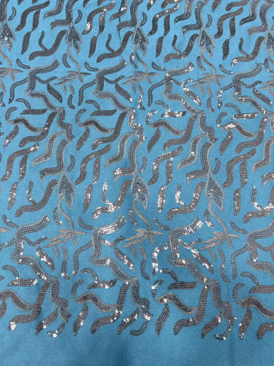 Blue TR Satin Embroidery Sequin Fabric | 58” Width | Premium Designer Material for Koti, Blazer & Indo-Western Outfits