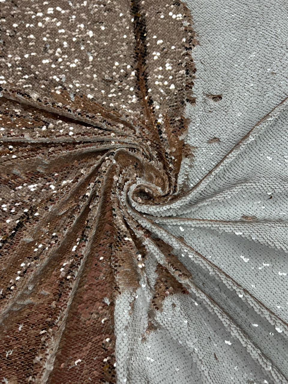 Luxury Rose Gold White Reversible Sequin Net Fabric with Heavy Glitter Work for Bridal, Party Wear, Gowns & Couture Fashion