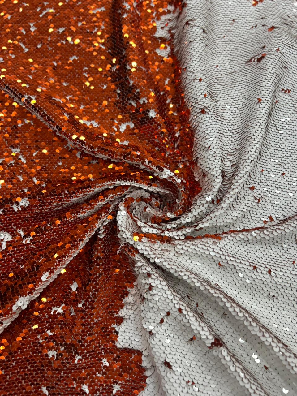 Luxury Orange White Reversible Sequin Net Fabric with Heavy Glitter Work for Bridal, Party Wear, Gowns & Couture Fashion