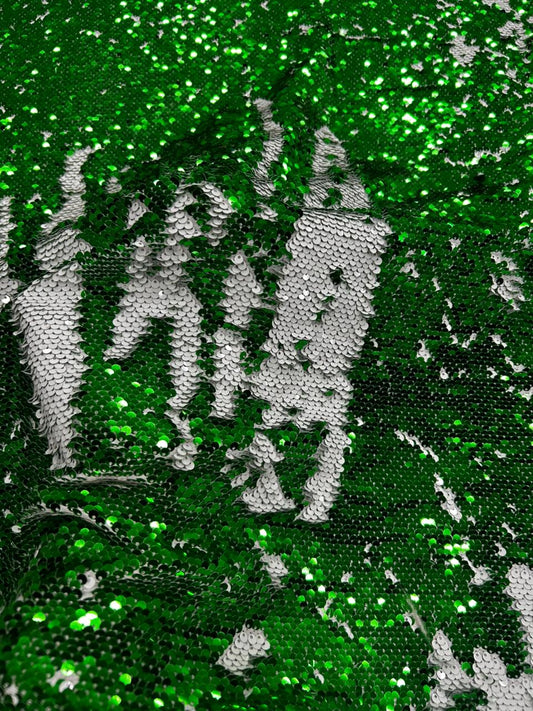 Premium Emerald Green White Reversible Sequin Net Fabric for Bridal Lehengas, Designer Gowns, Sarees & Party Wear Dresses