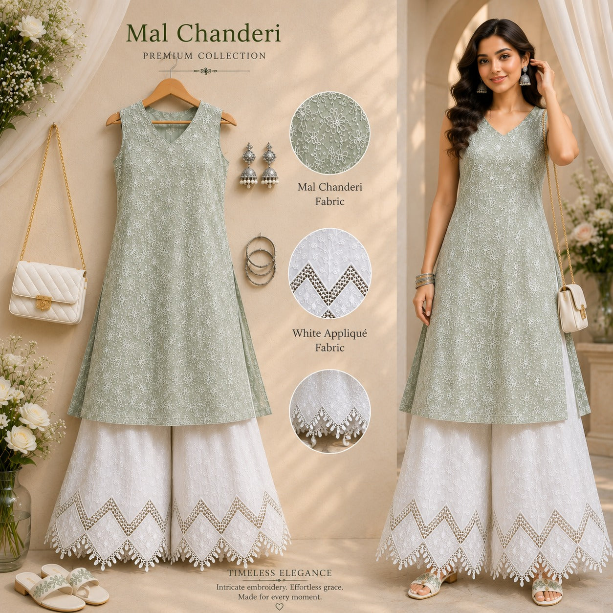 Premium Sage Green Mal Chanderi Embroidered Fabric with White Applique Work for Designer Kurti, Anarkali, Palazzo Suit, Gown & Luxury Ethnic Wear