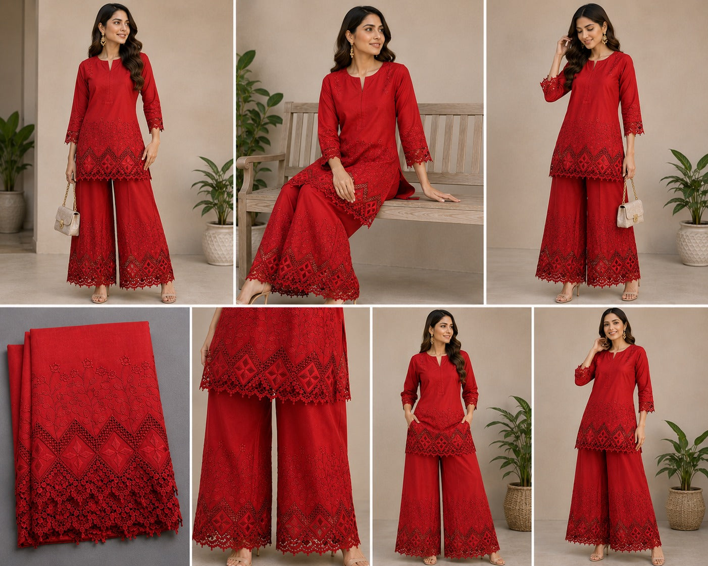 Premium Red Cotton Applique Embroidered Fabric | 42 Inch Width for Kurti, Palazzo Pant, Co-Ord Set & Dress Material