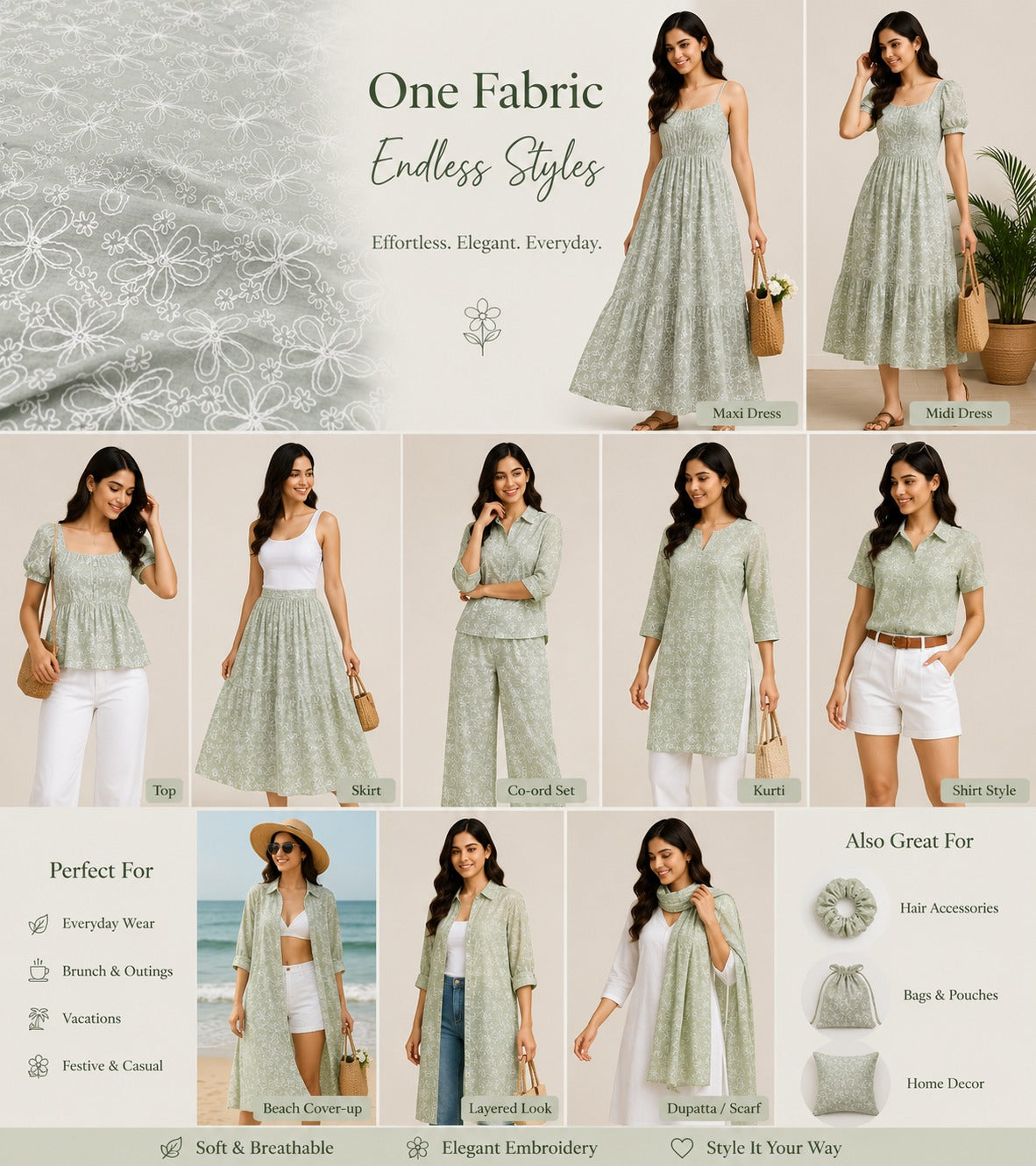 Sage Green Embroidered Mal Chanderi Fabric With White Floral Thread Work | 49 Work | 55 Inch Width | ThreadnTha