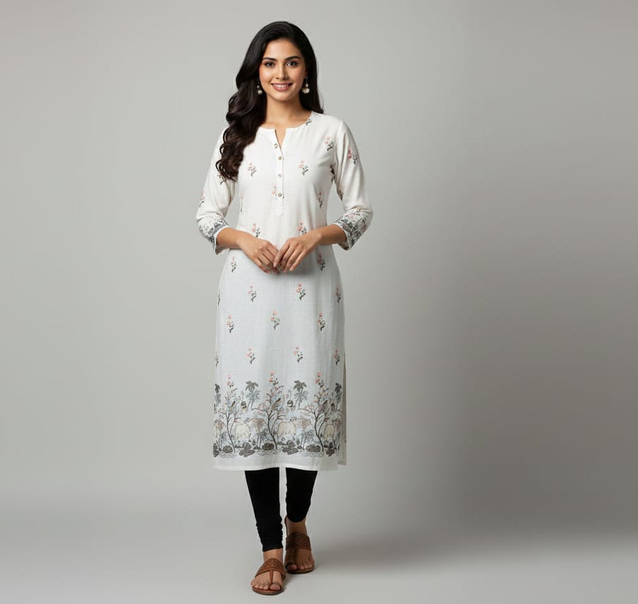 White malai satin suit fabric featuring cow and nature daman border embroidery, premium women dress material