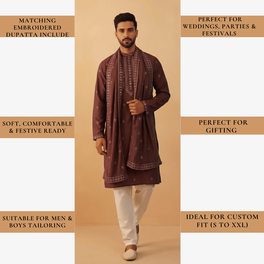 Premium Embroidered Rayon Unstitched Men’s Kurta Fabric Set – 2 Meter Kurta Length + Matching Dupatta | 58” Width | Partywear & Festive Wear