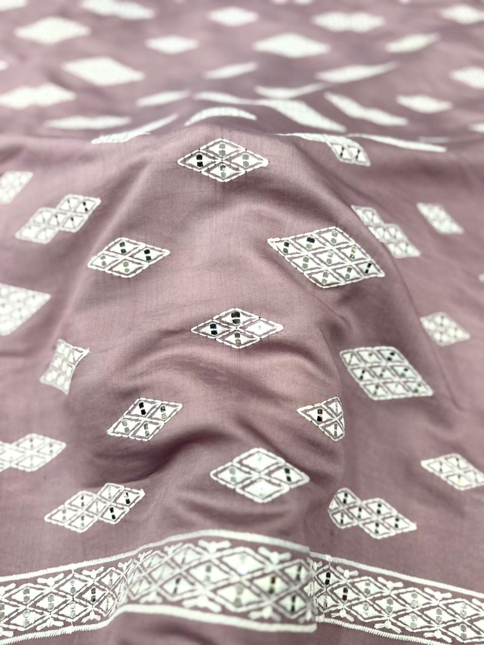 Men’s onion pink Roman silk kurta fabric with white mirror work and embroidery — premium festive material.