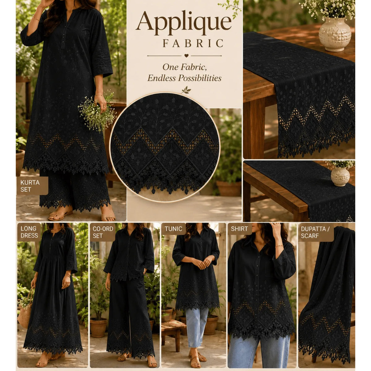 Black applique embroidery fabric styling guide showcasing kurta, dress, co-ord set, tunic, shirt, table runner and home décor ideas.