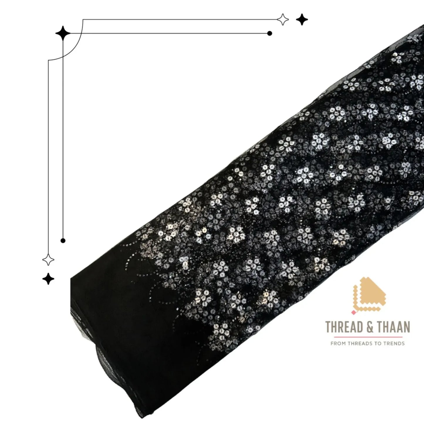Black Floral Sequins Embroidered Net Fabric Roll for Bridal Gowns, Lehengas, Sarees and Party Wear.