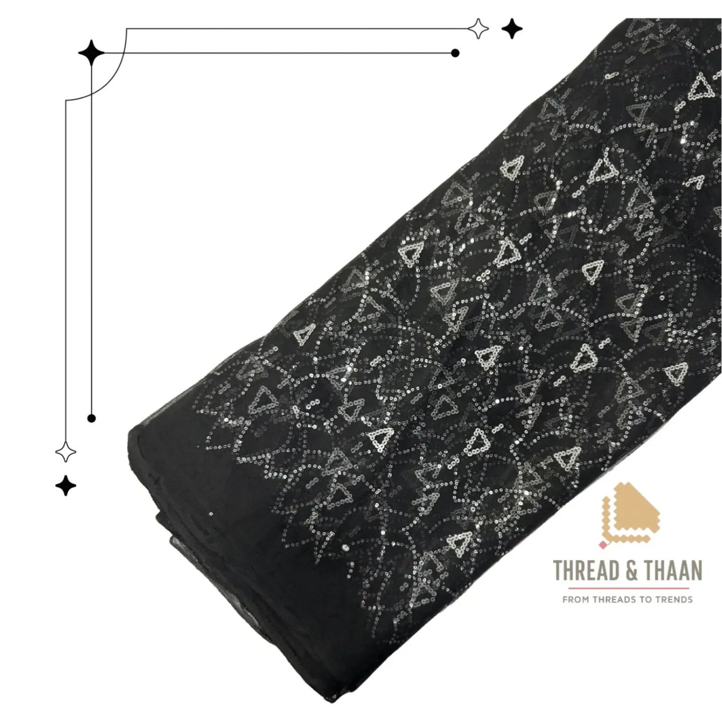 Black Triangle Sequins Embroidered Net Fabric Roll for Bridal Gowns, Lehengas, Sarees and Party Wear.
