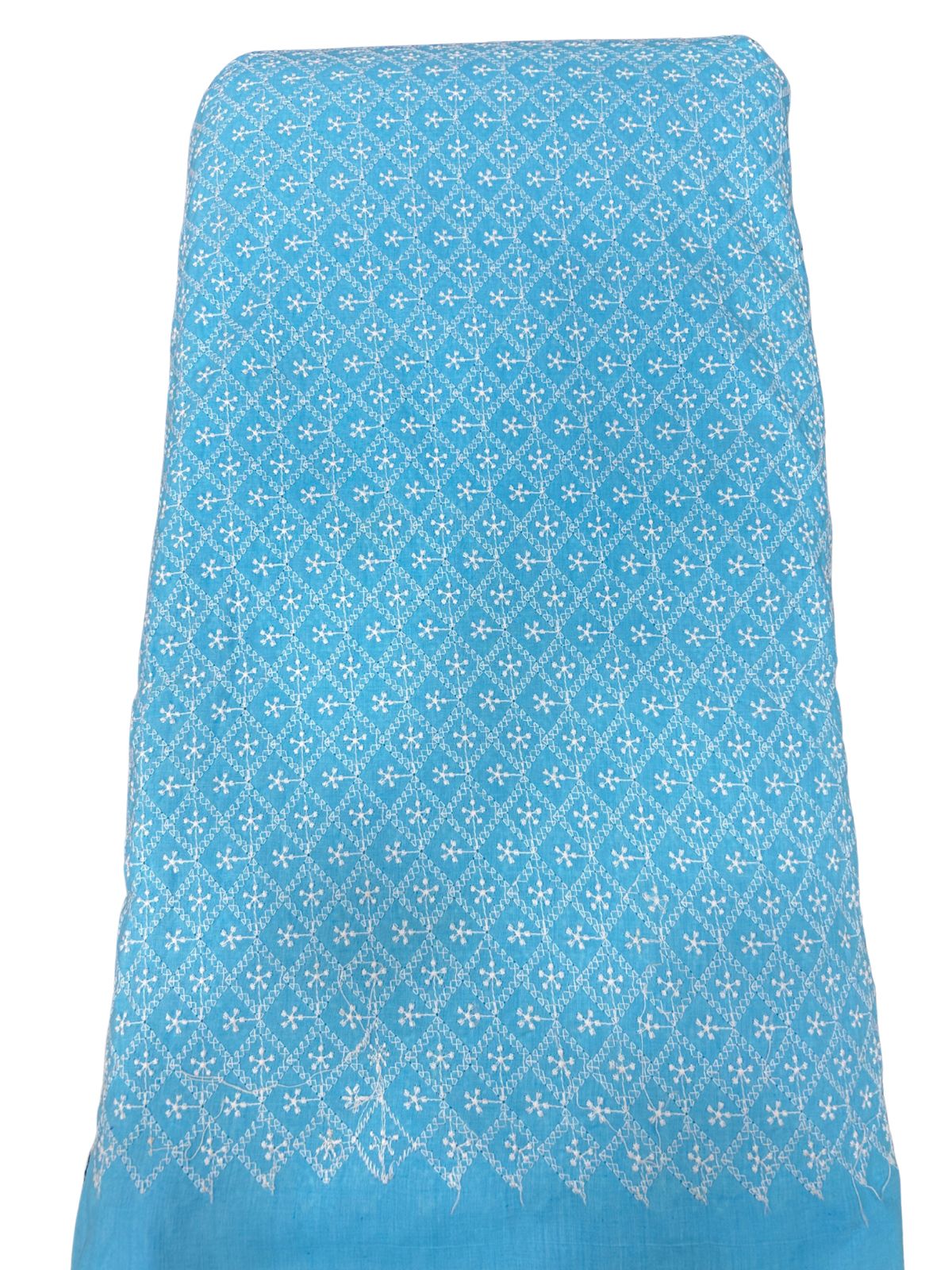 Blue lakhnavi embroidery cotton fabric for women’s suits, men’s kurtas and elegant festive outfits