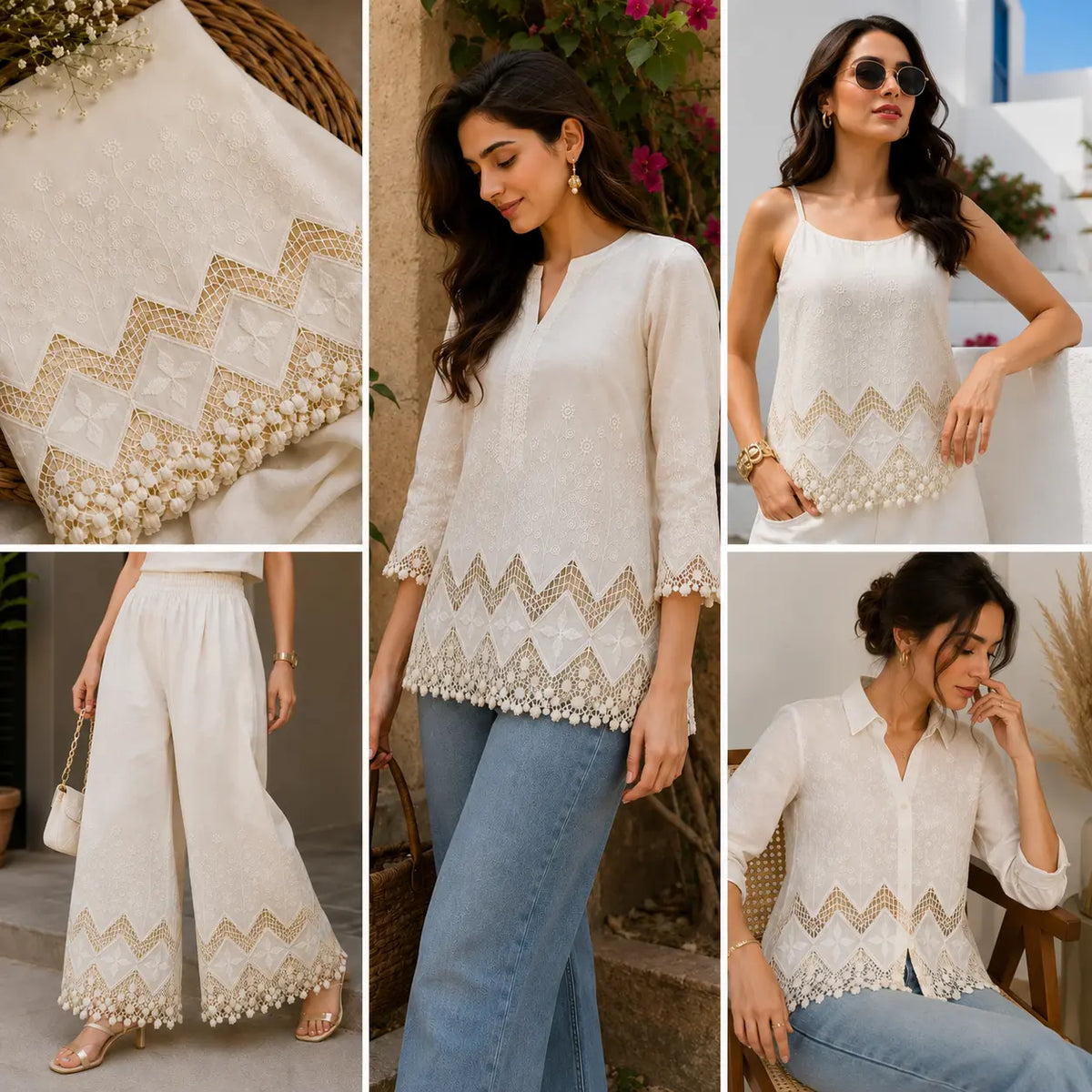 Premium Cream Applique Embroidery Fabric outfit ideas featuring Kurti, Palazzo and Top made from 42-inch cotton fabric with elegant 3D cutwork.