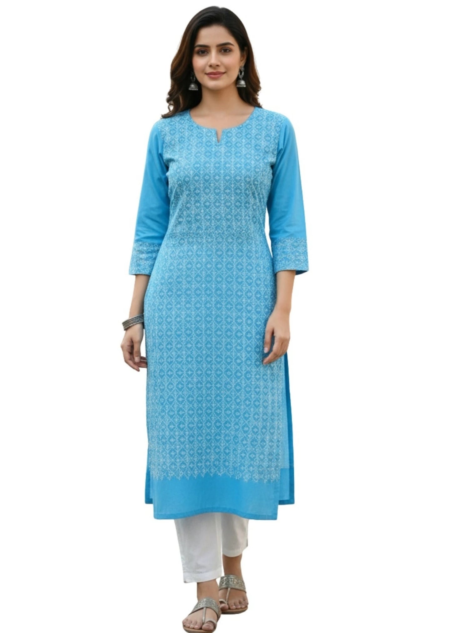 Embroidered cotton fabric in pastel blue for dresses and kurti