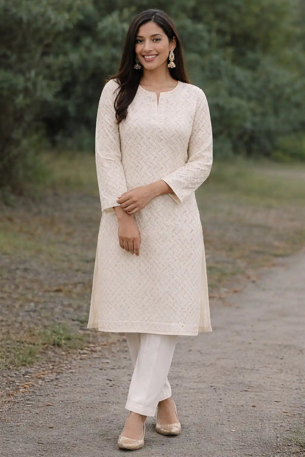 Festive wear women’s cambric kurti fabric in off-white color