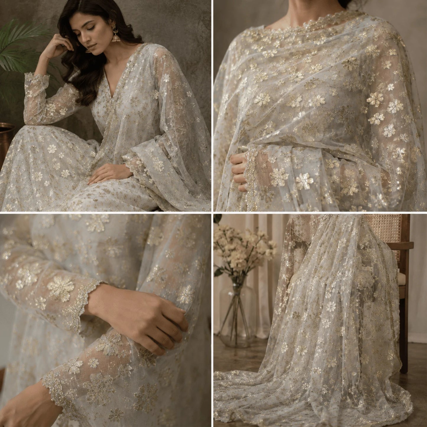 Designer outfit crafted from premium dyeable viscose georgette fabric featuring shimmering golden lurex motifs, ideal for weddings, festive wear and party collections.