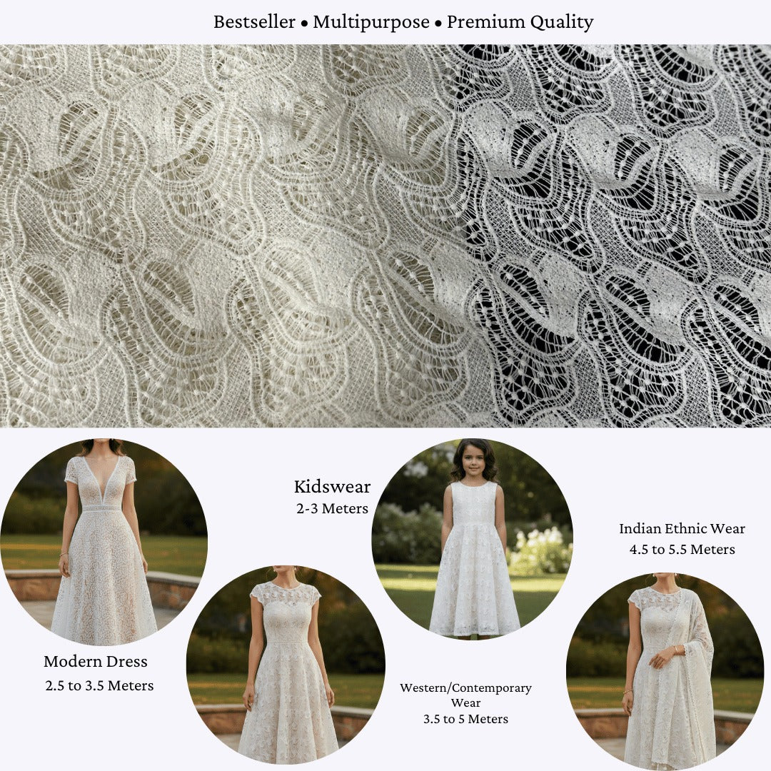Customizable dyeable GPO lace fabric with leaf embroidery design.