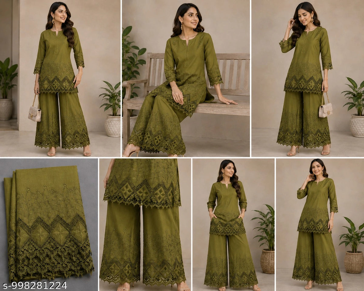 Olive applique embroidery fabric lookbook featuring kurti and palazzo outfit inspiration.