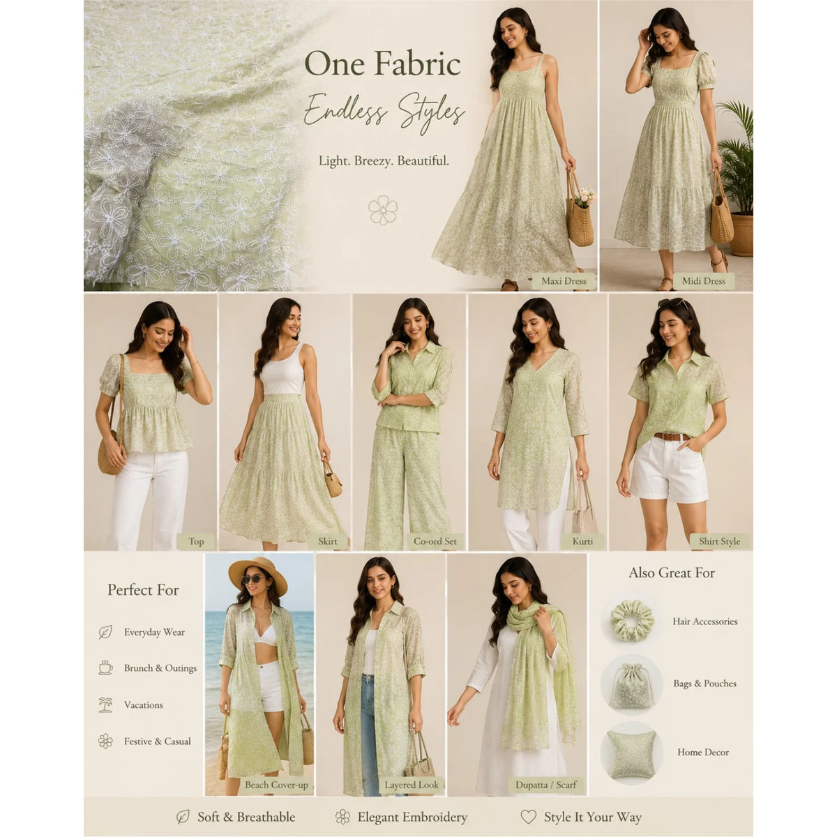 Pastel Green Mal Chanderi fabric styled as dresses, tops, kurti, scarf and accessories.